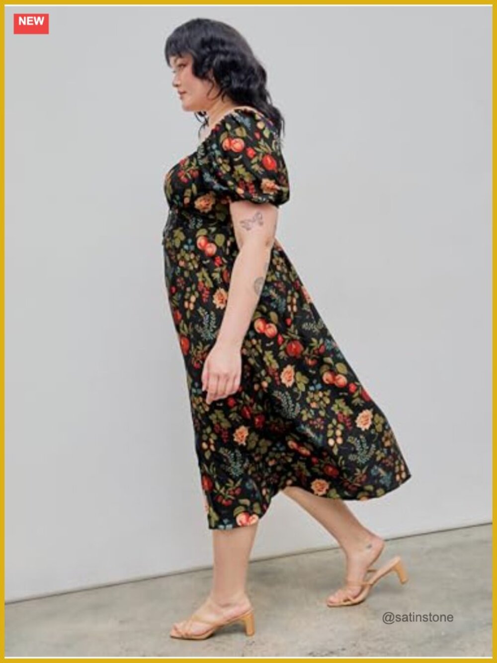 Plus Size Floral Fruit Puff Sleeve Midi Dress - Picture 4 of 7